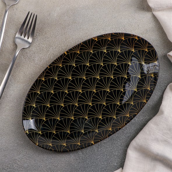 Блюдо стеклянное сервировочное «Золотое перо», овальное, 24,5×15×2 см, цвет чёрный - фото 34503