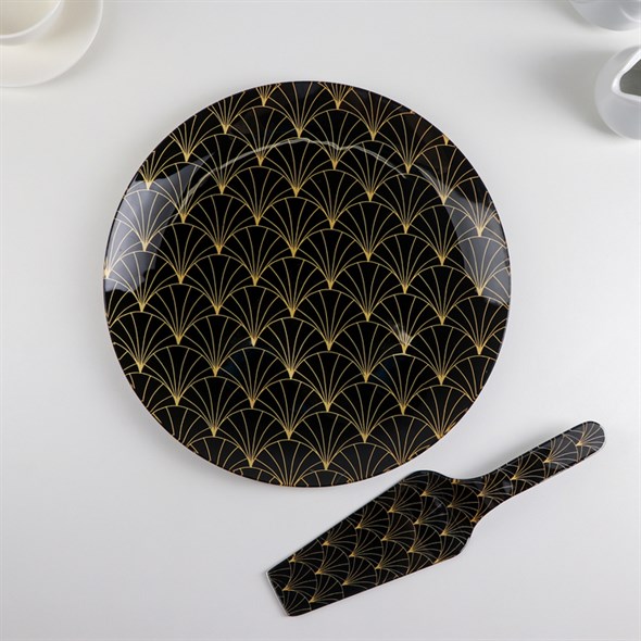 Тортовница с лопаткой «Золотое перо», d=30 см, лопатка 26,5×7 см, цвет чёрный - фото 34506