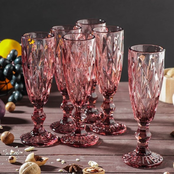 Набор бокалов стеклянных для шампанского «Круиз», 160 мл, 7×20 см, 6 шт, цвет розовый - фото 34632