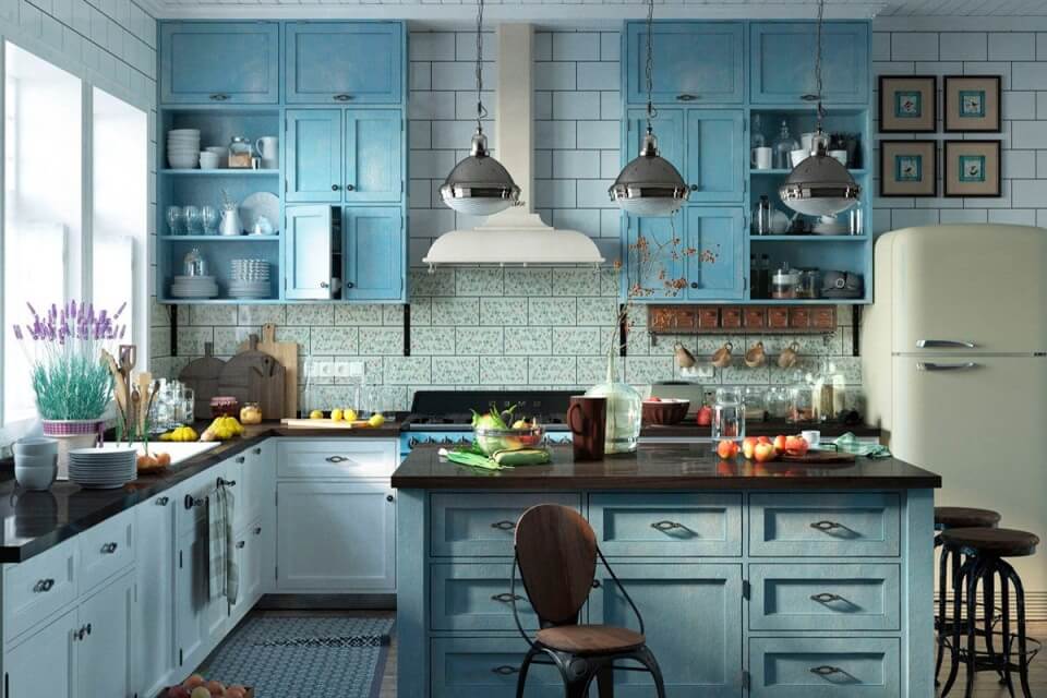 Голубая кухня в стиле кантри
