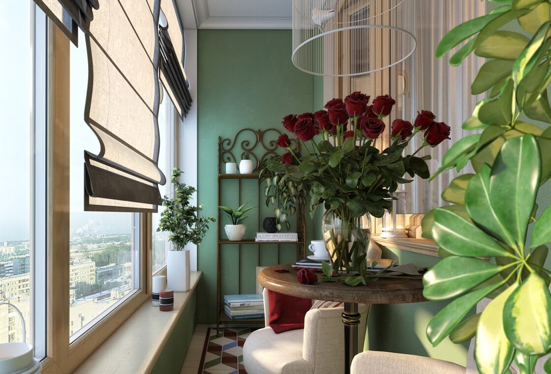 Дизайн балкона в зеленом цвете
